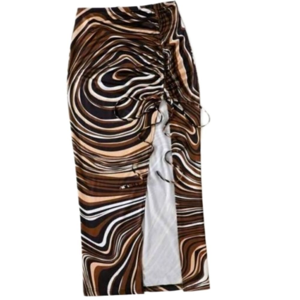 Ladies ALL Over Print Ruched Thigh Split Brown Skirt sz XL